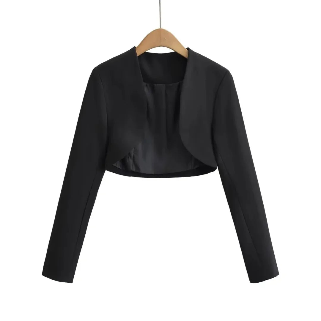 Women V-Neck Open Stitching Cropped Full Sleeve Blazer | Short Outerwear Suit Black