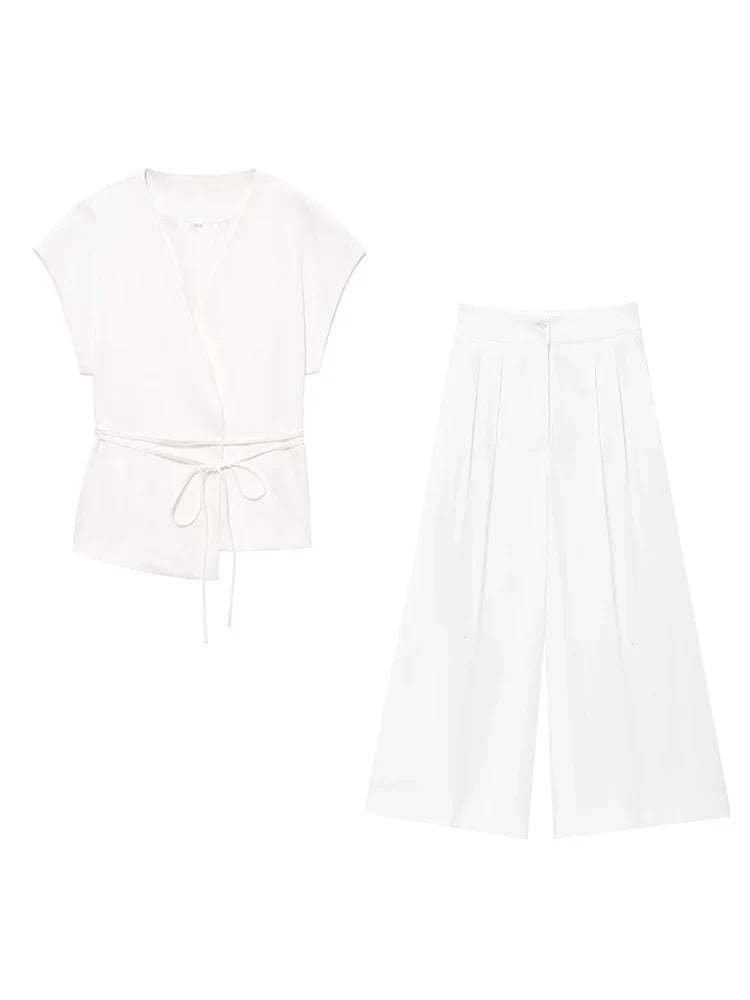 Women Sleeveless V-Neck Top With Belt Straight Pants Set | Top Trouser Suit | 2 Piece Set
