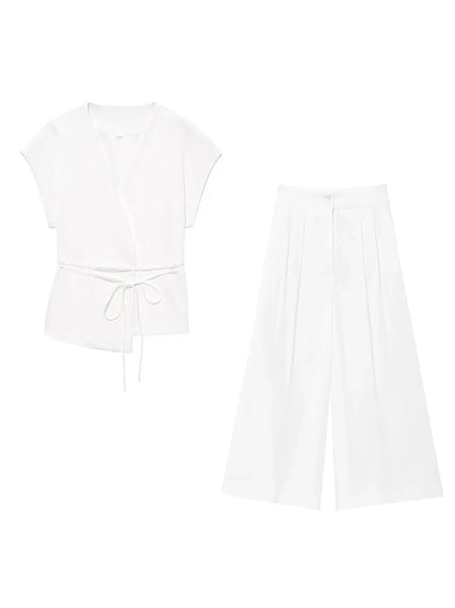 Women Sleeveless V-Neck Top With Belt Straight Pants Set | Top Trouser Suit | 2 Piece Set
