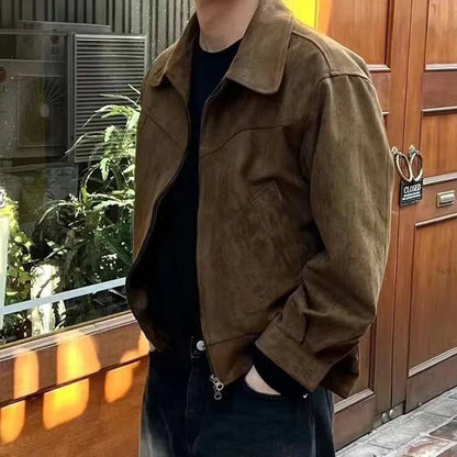 Brown Loose Lapel Plush Coat Men | Vintage Streetwear