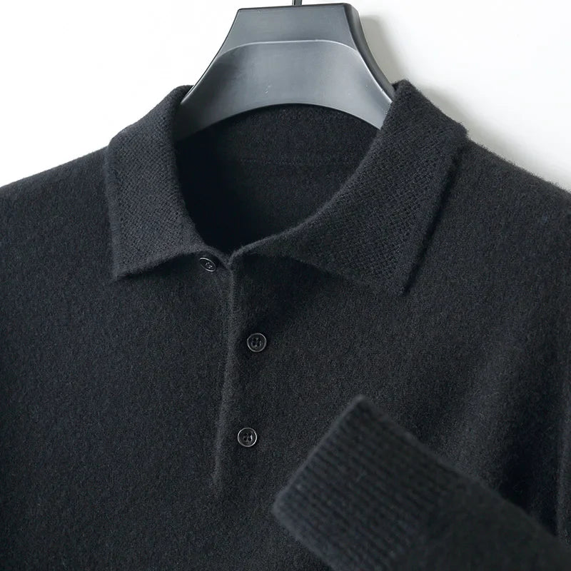 Men Merino Wool Polo Pullover | Knit Warm Top | Winter Polo Collar T-shirt black