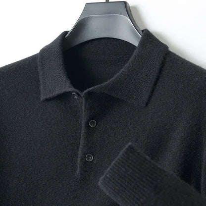 Men Merino Wool Polo Pullover | Knit Warm Top | Winter Polo Collar T-shirt black