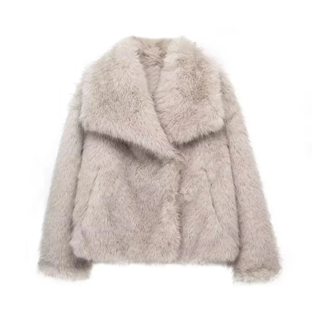 Women Short Woven Fur Coat | Loose Stand Collar Long Sleeve Coat Grey White
