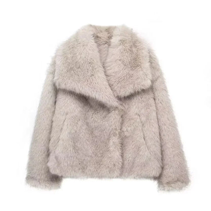 Women Short Woven Fur Coat | Loose Stand Collar Long Sleeve Coat Grey White