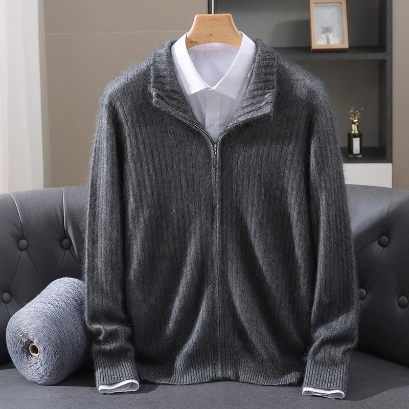 Men Mink Cashmere Zipper Cardigan | Knit Sweater | Loose Dark Grey