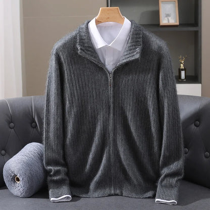 Men Mink Cashmere Zipper Cardigan | Knit Sweater | Loose Dark Grey
