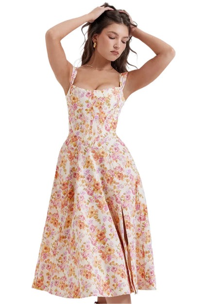 Women Floral Print Long Dress | Corset Dress | Casual Party Dress