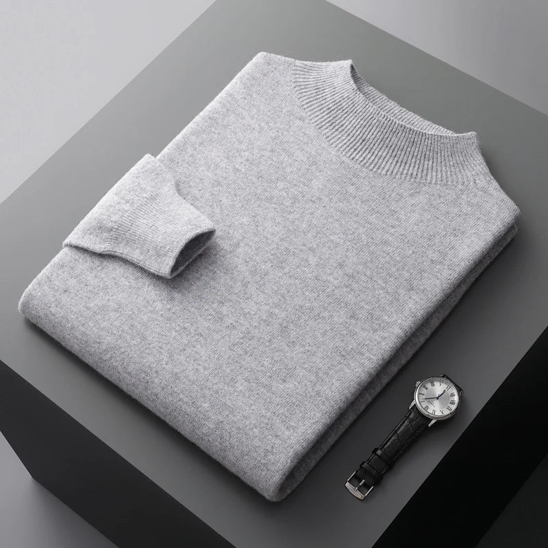 Men Mock Neck Cashmere Sweater | Pullover Semi-High Neck Pure Wool Sweater Gray