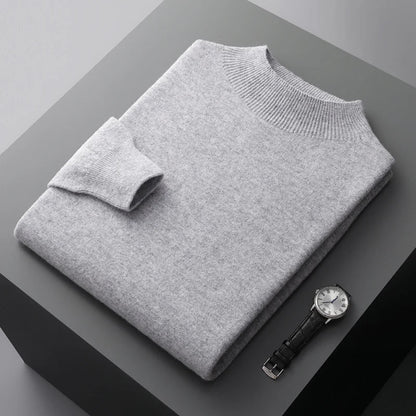 Men Mock Neck Cashmere Sweater | Pullover Semi-High Neck Pure Wool Sweater Gray
