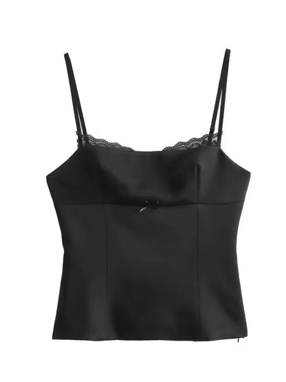 Women Lace Satin Camisole | Sleeveless Backless Silk Top | Silk Cheetah Print Crop Top Black