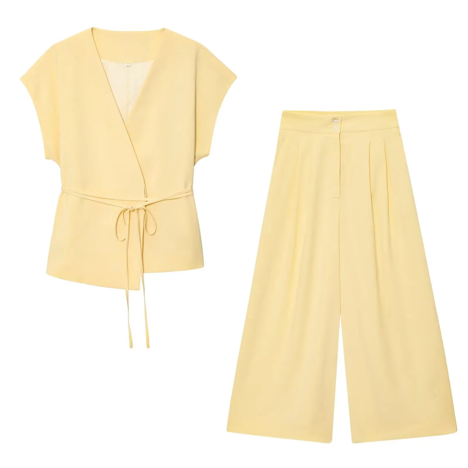 Women Sleeveless V-Neck Top With Belt Straight Pants Set | Top Trouser Suit | 2 Piece Set