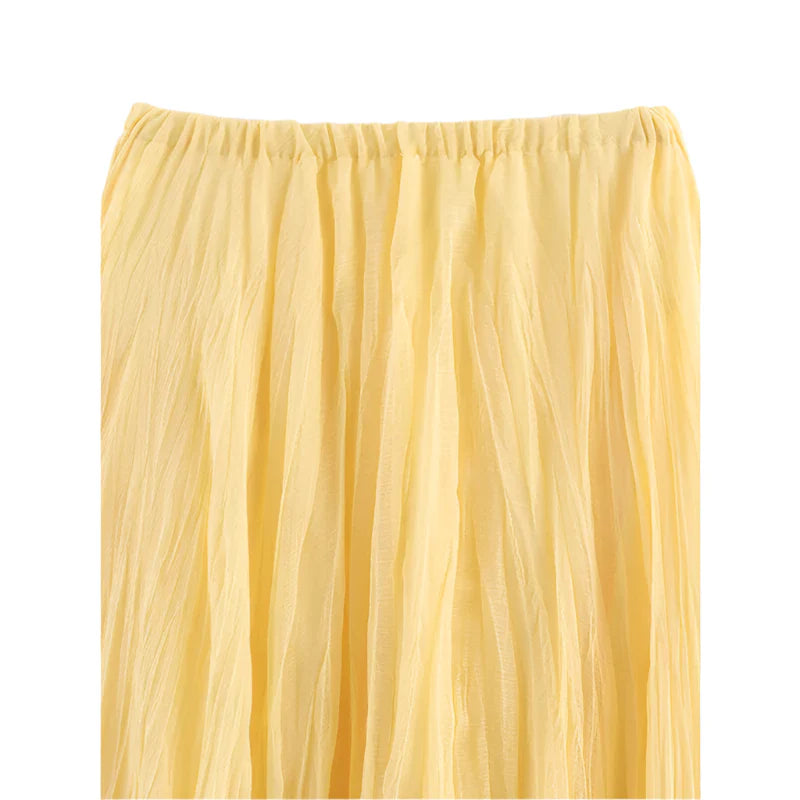 Women Crinkle A Line Midi Butter Yellow Skirt | Holiday | Summer Skirt | Elastic Waist