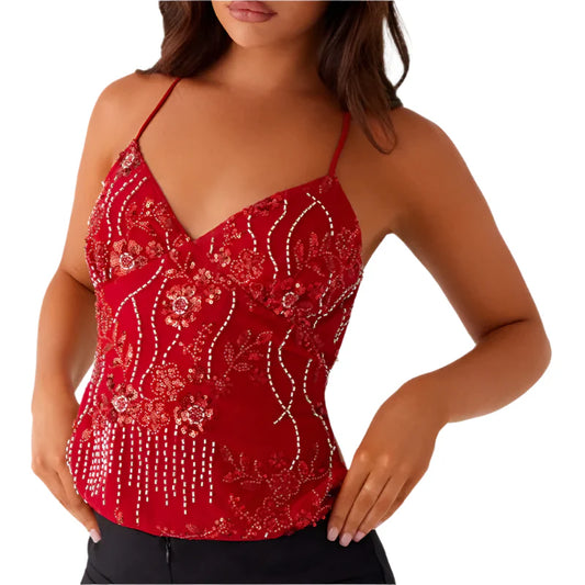 Women Sequin Halter Crop Top | Pearl Embellished Cami Top | Summer Glitter Rhinestone Camisole Tank Top red