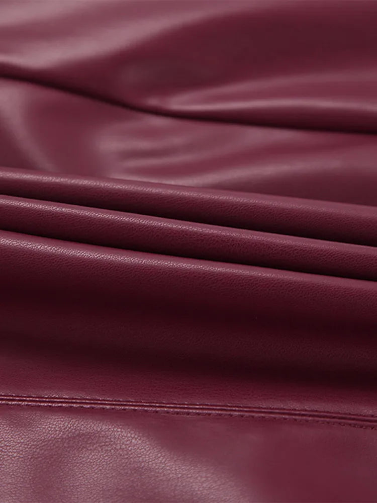 Women Short Burgundy Leather Skirt | High Waist A Line Mini Skirt