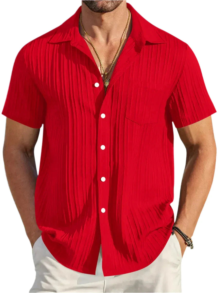 Men Short-Sleeved Cotton Summer Shirt | Casual Beach Button Down Shirt | Solid Color red