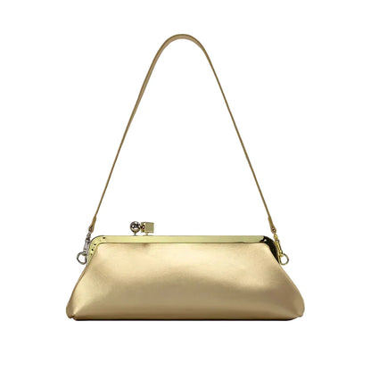 Women Leather Kiss Lock Bag | Long Clutch Bag | Luxury Shoulder Bag | Elegant Party Purse | Underarm Bag Gold