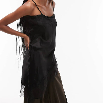 Women Summer Vintage Lace Satin Asymmetrical Slip Top | Tank Top | Sleeveless | Backless | Spaghetti Strap black