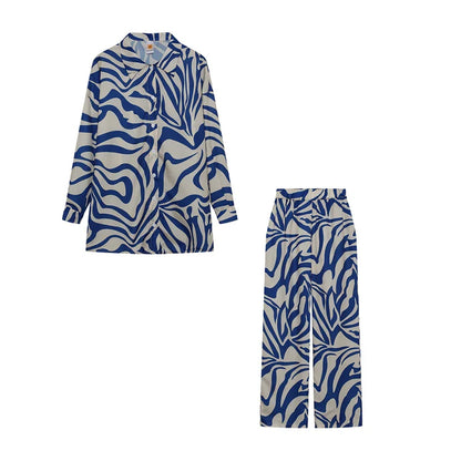 Women Zebra Print 2 Piece Set | Long Sleeve Drop Shoulder Shirt with Wide Leg Pants Tokyo