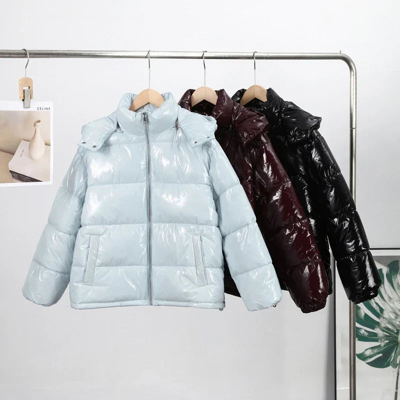 Women Glossy Zipper Hooded Jacket | Windbreaker | Pleated | Short Jacket | Cotton