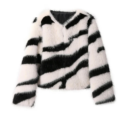 Women Fluffy Zebra Fur Coat | Animal Print Overcoat white