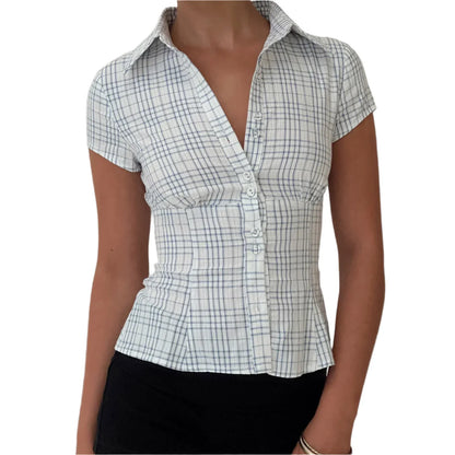 Women Short Sleeve Plaid Button Down Shirt | Button Down Blouse | Fitted Top White