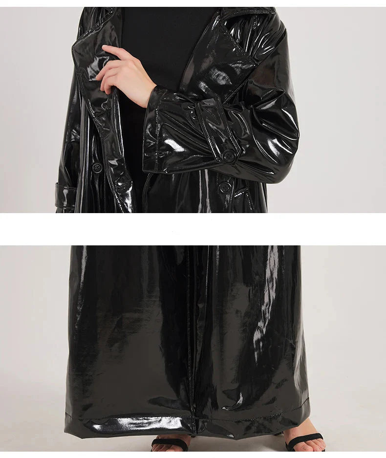 Women Black Shiny Leather Trench Coat | Luxury Designer | Floor Length | Glossy Leather Coat | Reflective | Soft Patent
