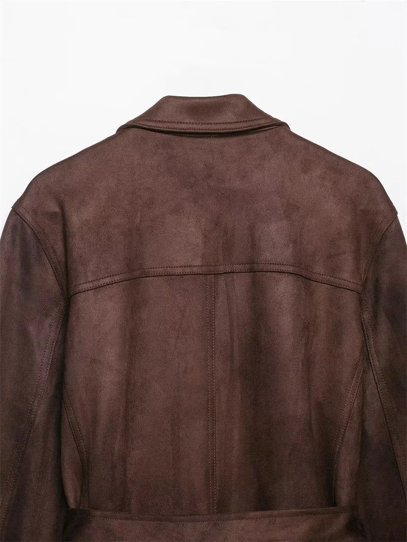 Women Brown Jacket | Long Sleeve | Suede | Belt Jacket