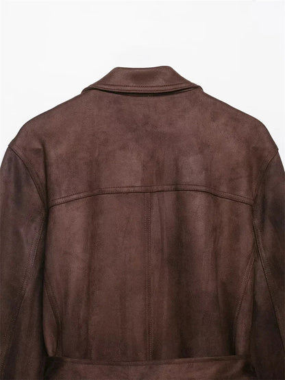 Women Brown Jacket | Long Sleeve | Suede | Belt Jacket