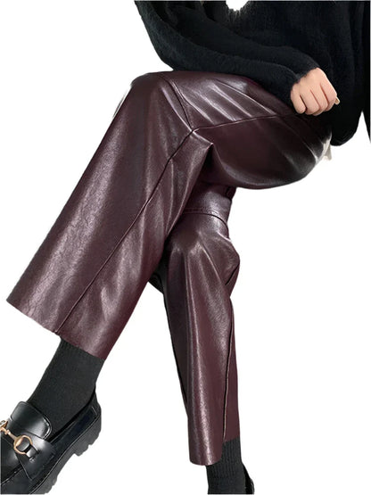 Women Wide Leg High Waist Leather Pants | Casual Loose Ankle Length Trousers