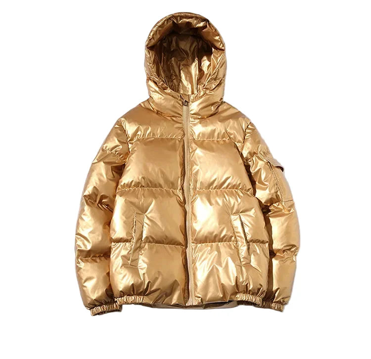 Unisex Metallic Warm Winter Jacket | Thick Waterproof Puffer Jacket | Windproof Jacket Hooded Golden
