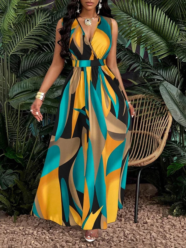 Nova | Women's V-Neck Sleeveless Abstract Print Maxi Dress