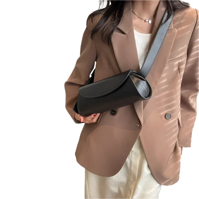 Women Baguette Leather Bag | Adjustable Wide Strap Shoulder Bag Black