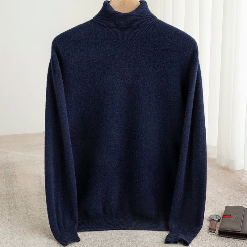 Men Merino Wool Turtleneck Knitted Pullover | Merino Wool Sweater | Cashmere Warm Knit Top Dark Blue