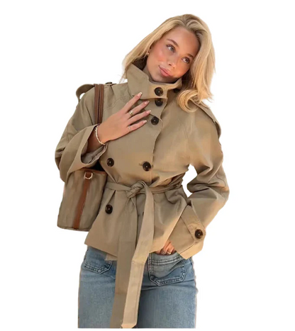 Women Belted Cropped Trench Coat | Autumn | Casual Stand Collar Coat