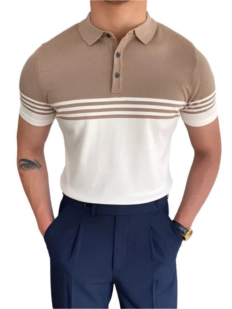 Men’s Striped Cotton Polo Shirts | Casual Short Sleeve Pullover Khaki
