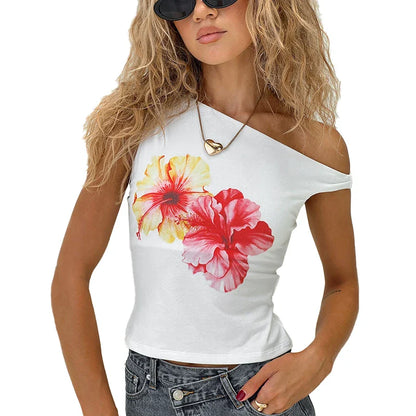 Women One Shoulder Backless Tank Top | Floral Printed Sleeveless Crop Top | Summer Graphic Top White