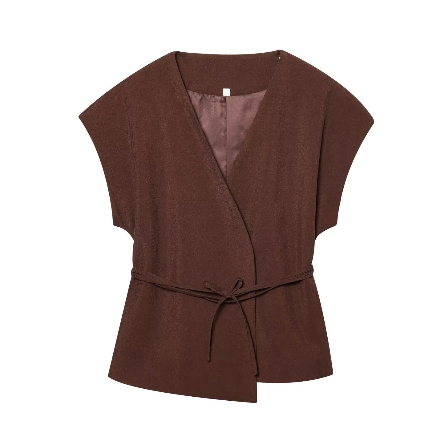 Women Sleeveless V-Neck Top With Belt Straight Pants Set | Top Trouser Suit | 2 Piece Set Brown Top