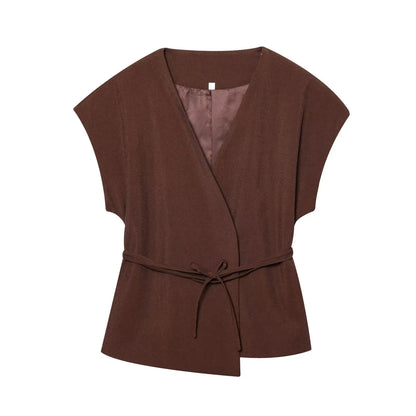 Women Sleeveless V-Neck Top With Belt Straight Pants Set | Top Trouser Suit | 2 Piece Set Brown Top