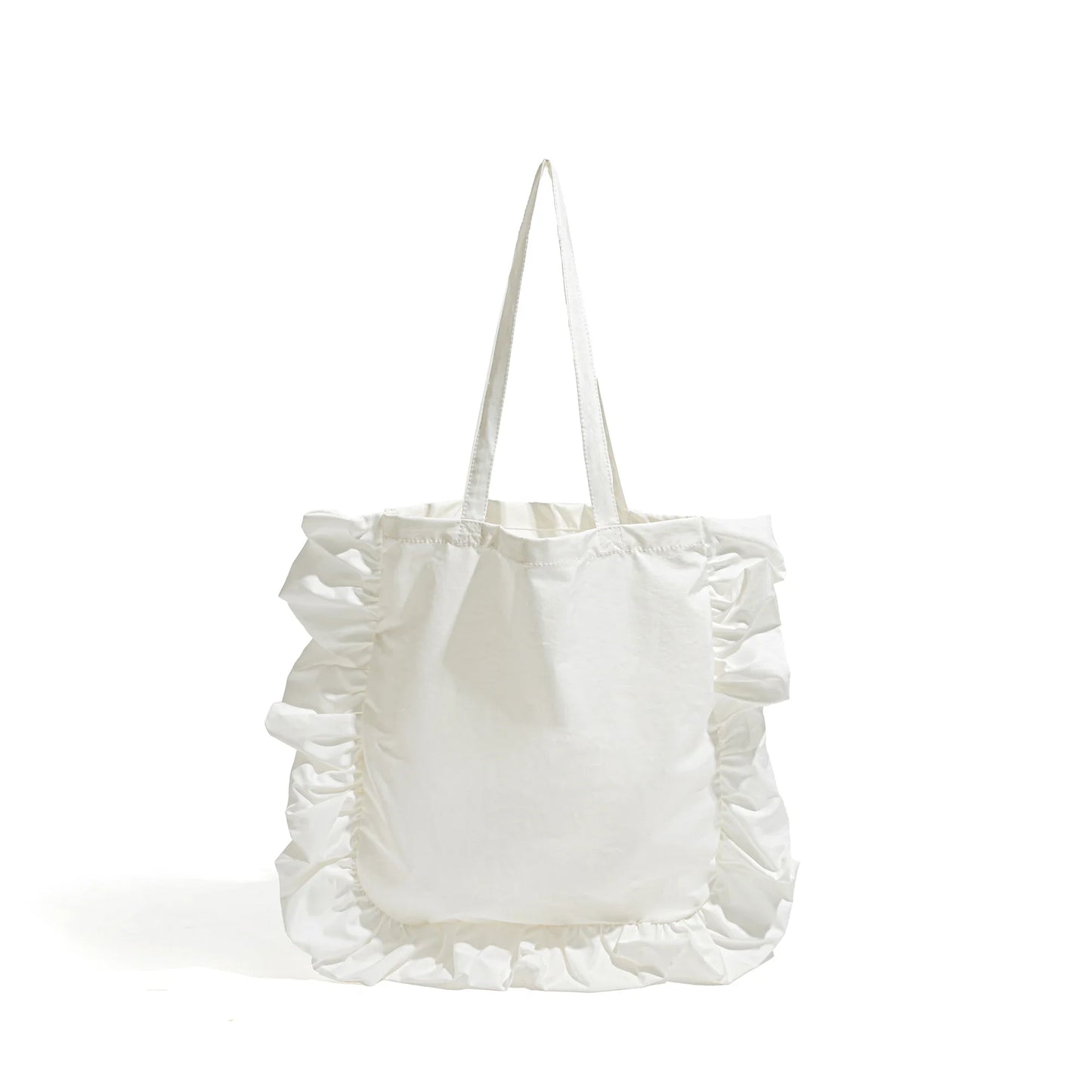 Women Ruffled Casual Shopper Handbag | Cloth Tote Bag White