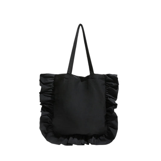 Women Ruffled Casual Shopper Handbag | Cloth Tote Bag Black