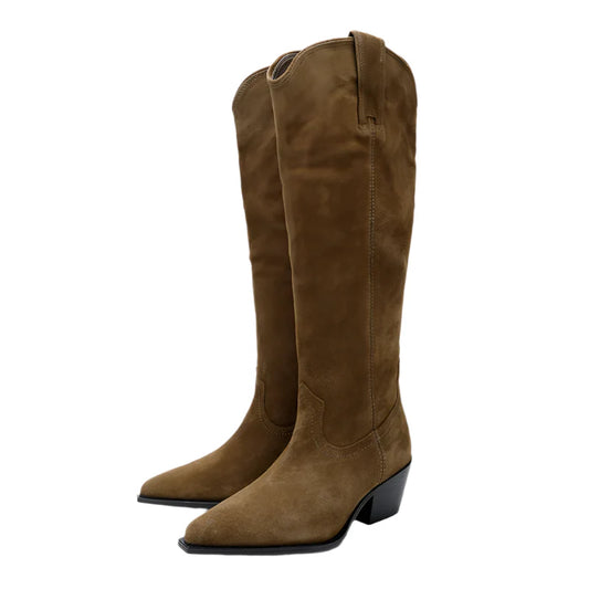 Women Suede Knee High Boots | Chunky Heel Cowgirl Boots | Pointed Toe Boots