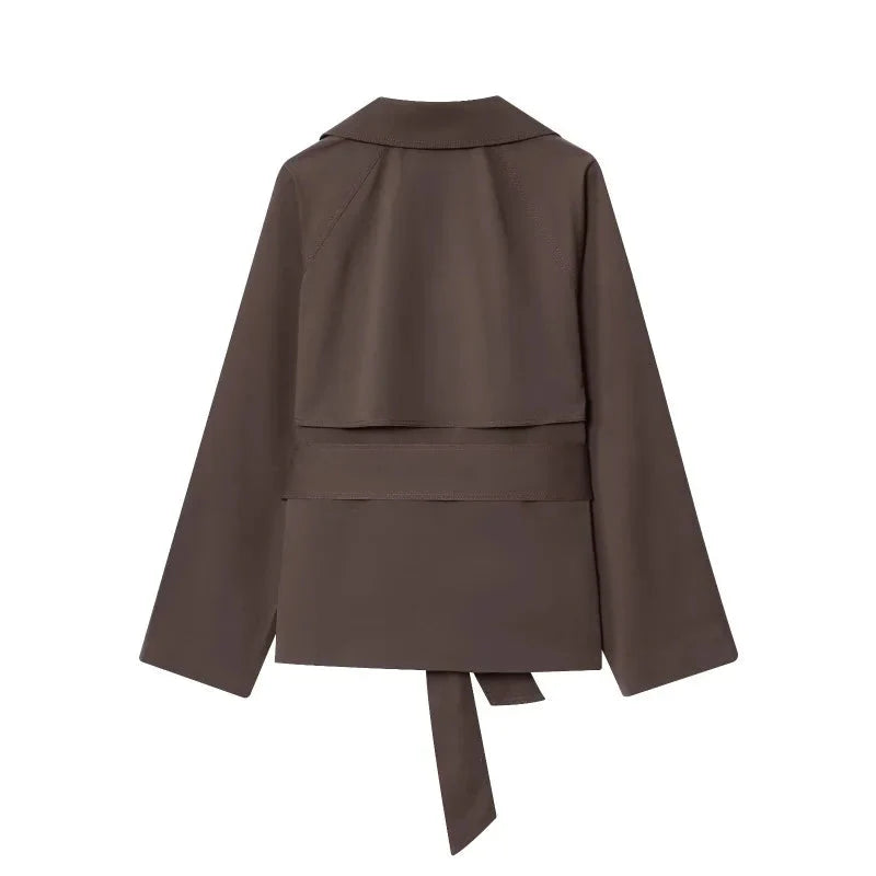 Women British Style Lapel Double-Breasted Coat | Short Trench Coat With Belt