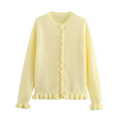 Women Knit Cardigan | Petal Sleeve Sweater | Autumn | Button Down Sweater Yellow