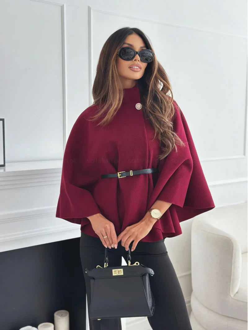 Women Batwing Sleeve Coat | Waist Cinching Poncho | Thick | Warm | Single Buckle Wine Red