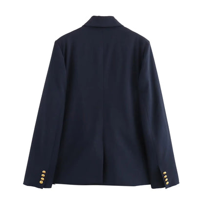 Women Navy Blue Double Breasted Blazer