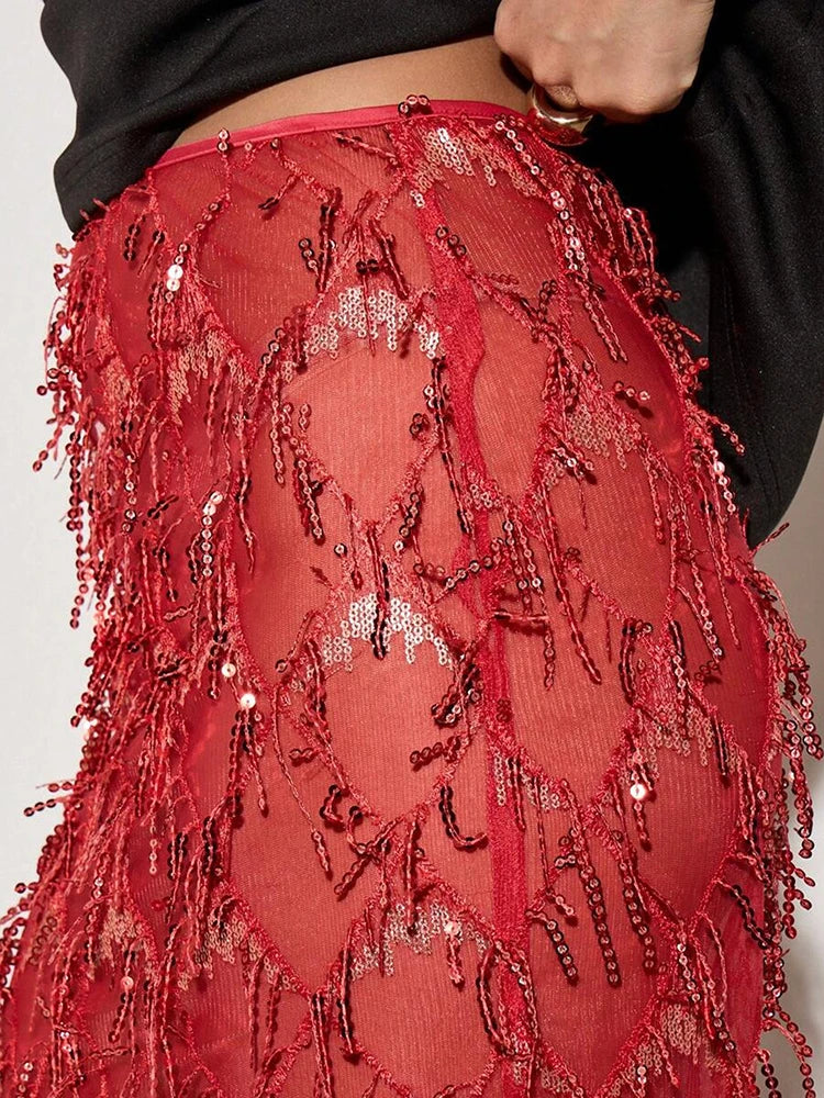 Women Sequin Fringe Maxi Skirt | Midi Mesh Pencil Skirt