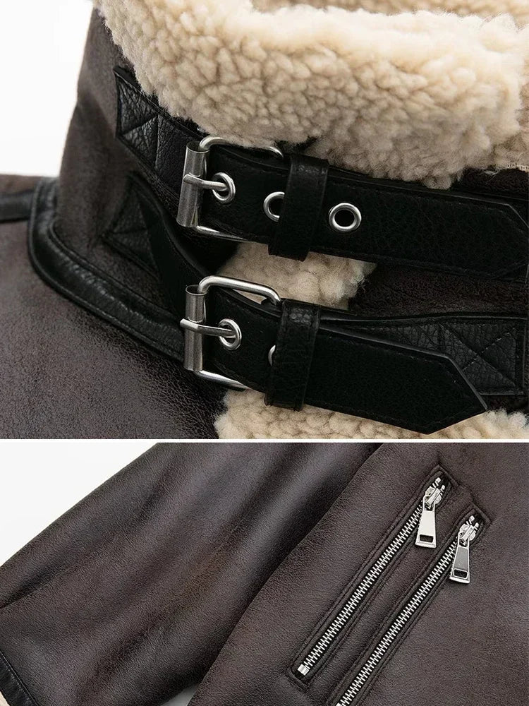 Women Dark Brown Shearling Leather Jacket | Classic Fur Leather Jacket | Long Sleeve Moto Biker Zipper
