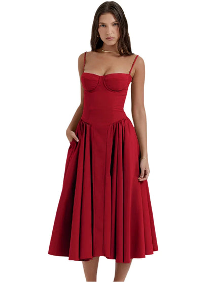 Women Pleated Sling Summer Dress Red