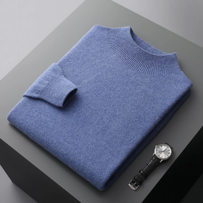 Men Mock Neck Cashmere Sweater | Pullover Semi-High Neck Pure Wool Sweater Blue