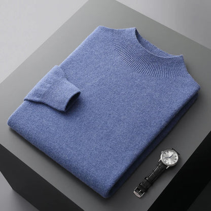 Men Mock Neck Cashmere Sweater | Pullover Semi-High Neck Pure Wool Sweater Blue